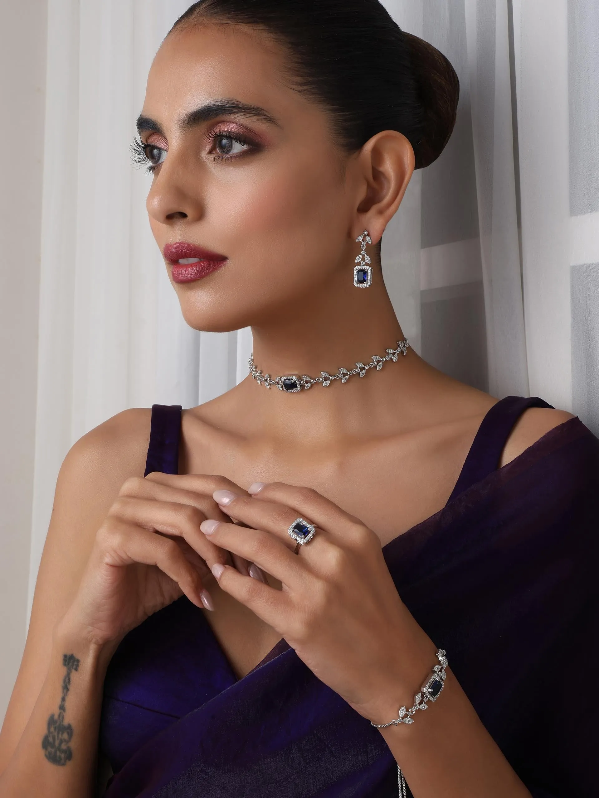 SET - Blue Petal Diamond Necklace, Earring, Ring, Bracelet