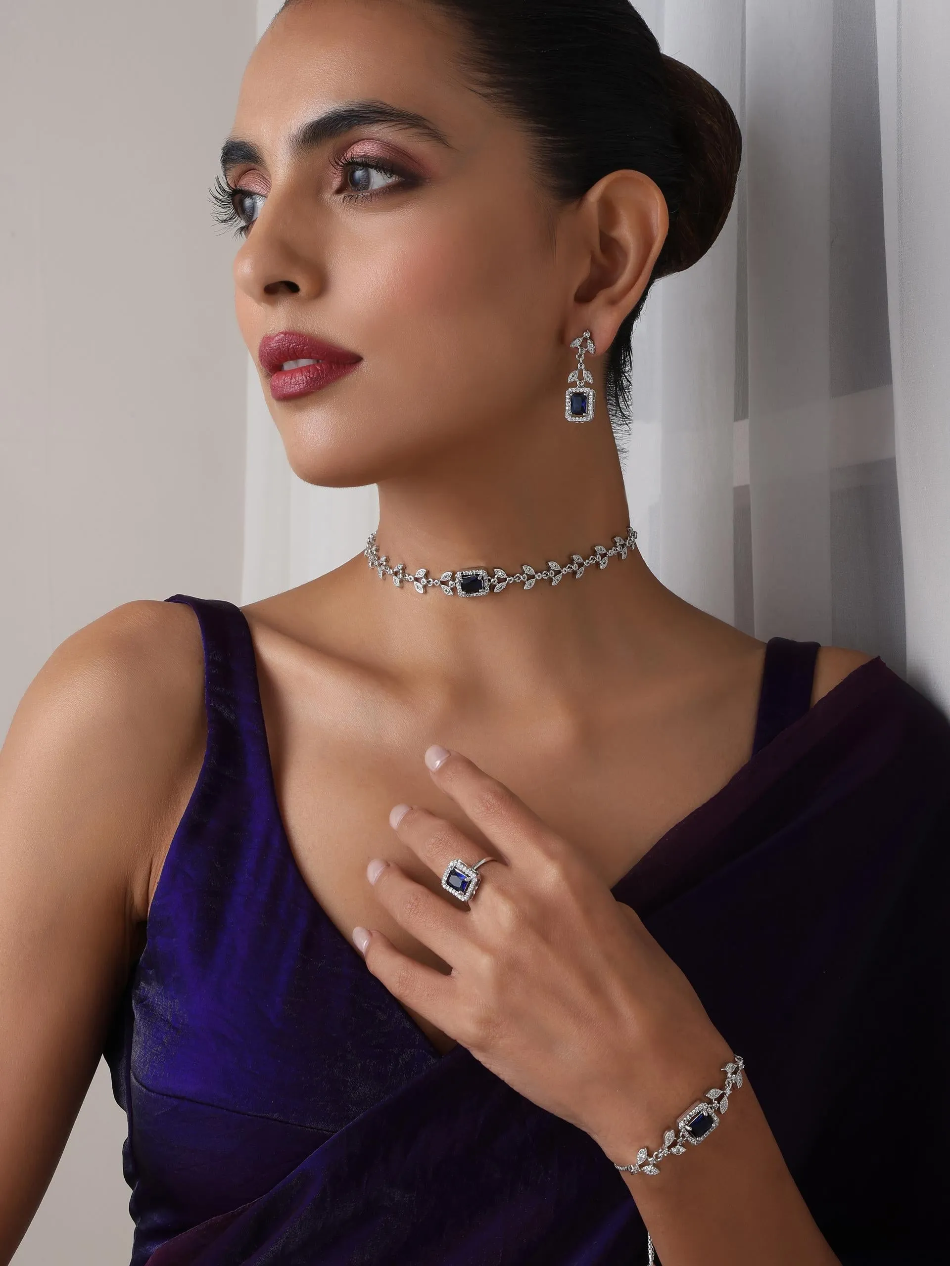 SET - Blue Petal Diamond Necklace, Earring, Ring, Bracelet