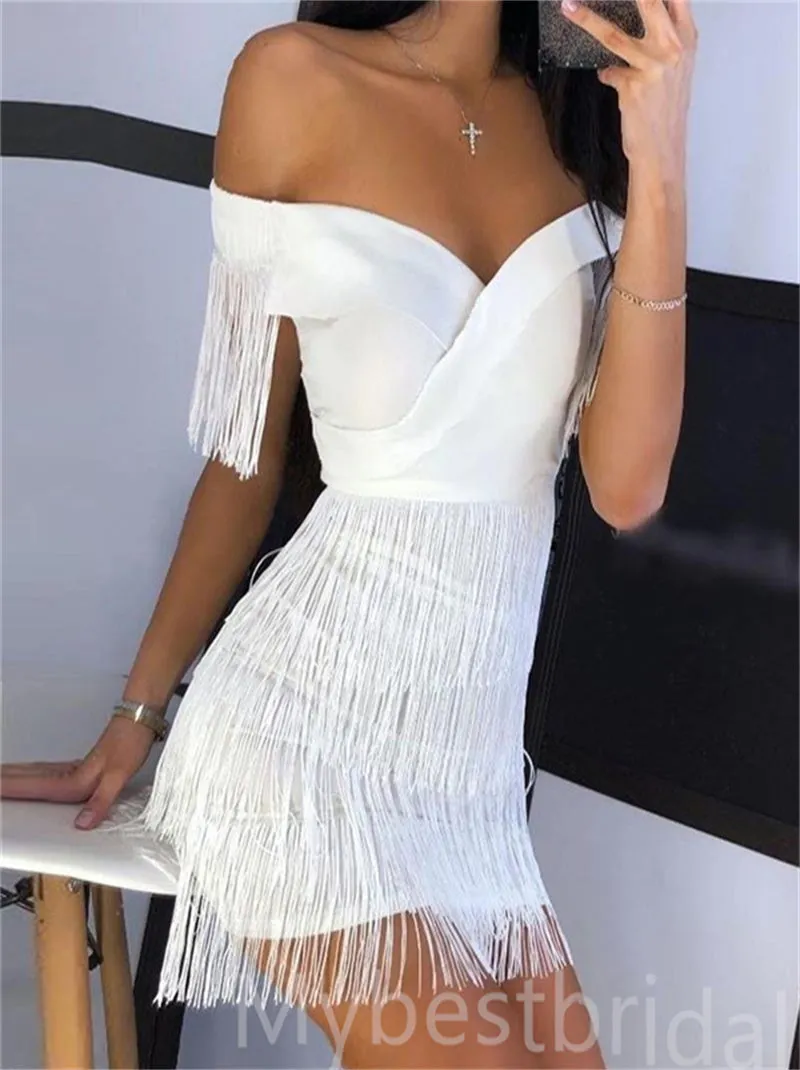 Sexy Off-shoulder Tassels V-neck Short Homecoming Dresses, HDS0075