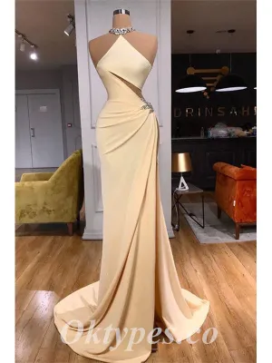 Sexy Satin Sleeveless Side Slit Mermaid Long Prom Dresses With Rhinestone, PDS0819