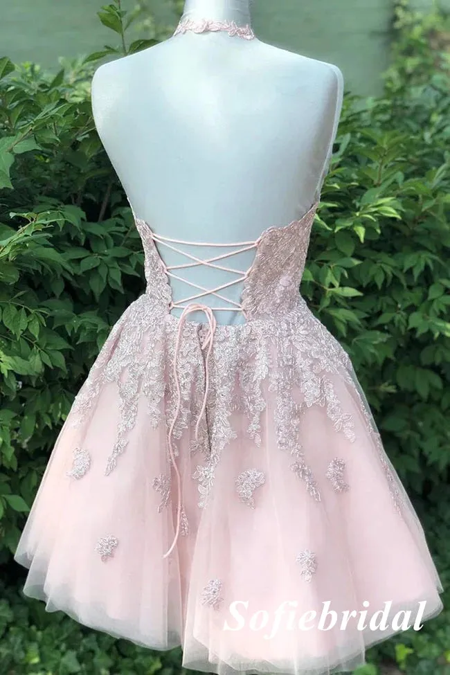 Sexy Tulle Halter A-Line Mini Dresses/ Homecoming Dresses With Lace, HD0269