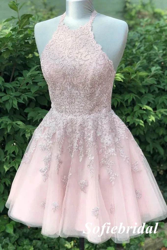 Sexy Tulle Halter A-Line Mini Dresses/ Homecoming Dresses With Lace, HD0269