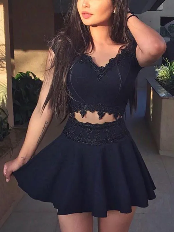 Sexy Two Pieces Black Cap Sleeve Cheap Homecoming Dresses 2018,BDY0232