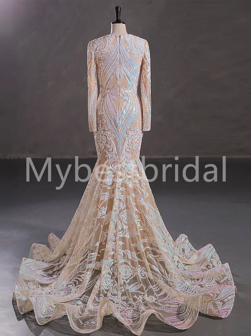Sexy V-neck Long sleeves Mermaid Prom Dresses,PDS0517