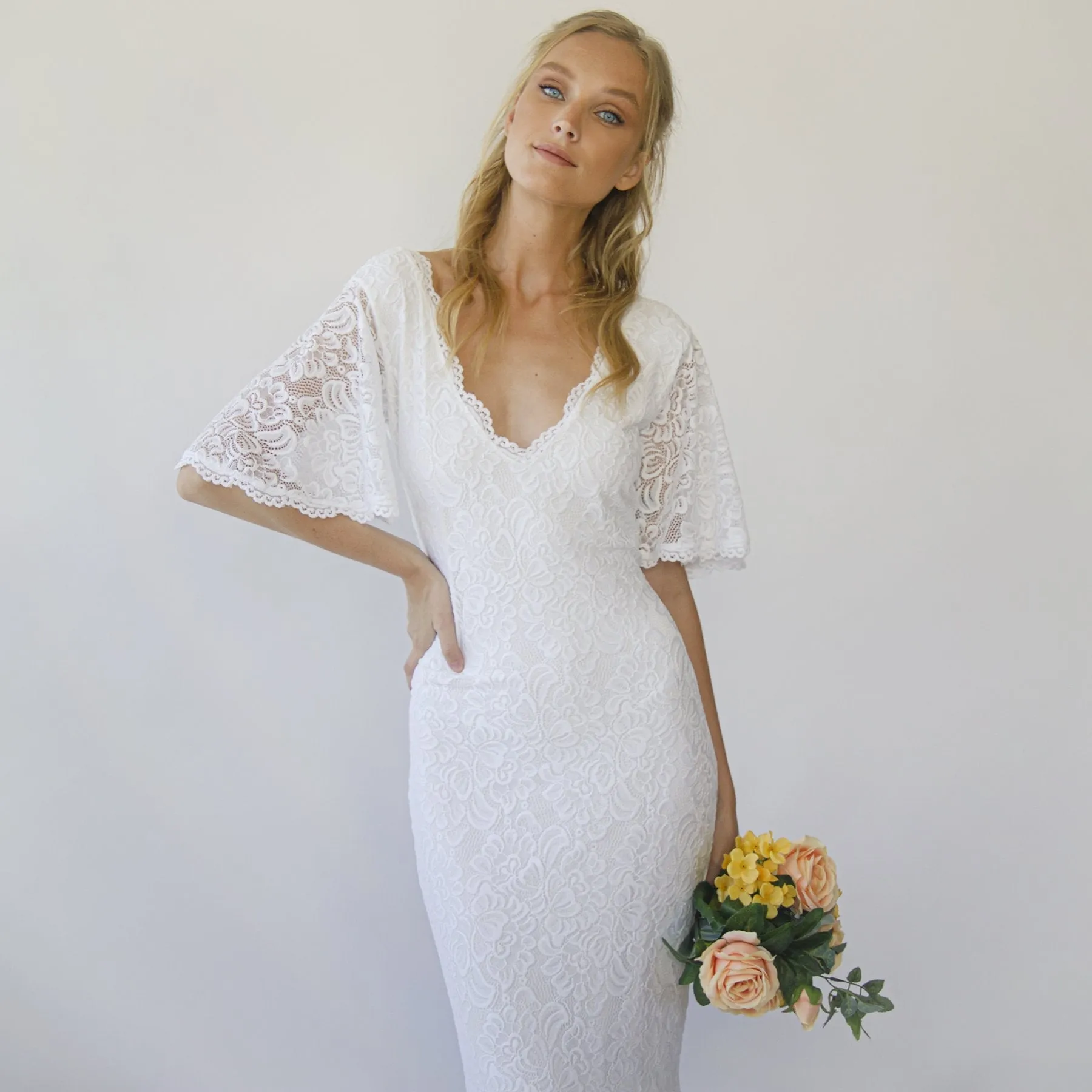 Sheath wedding dress, Bohemian butterfly Sleeves V neckline wedding dress #1294