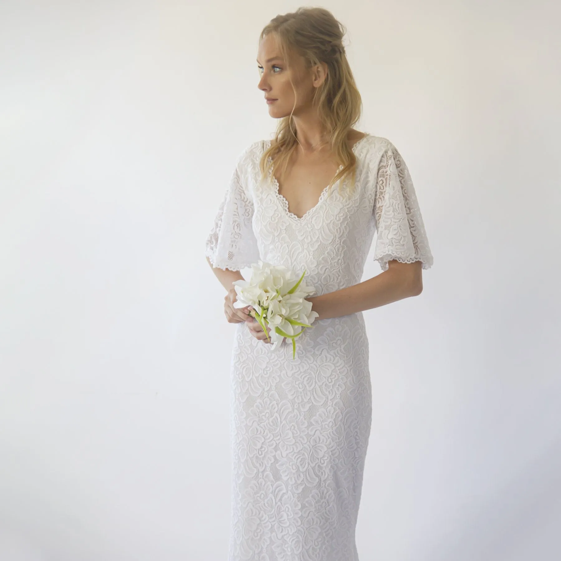 Sheath wedding dress, Bohemian butterfly Sleeves V neckline wedding dress #1294