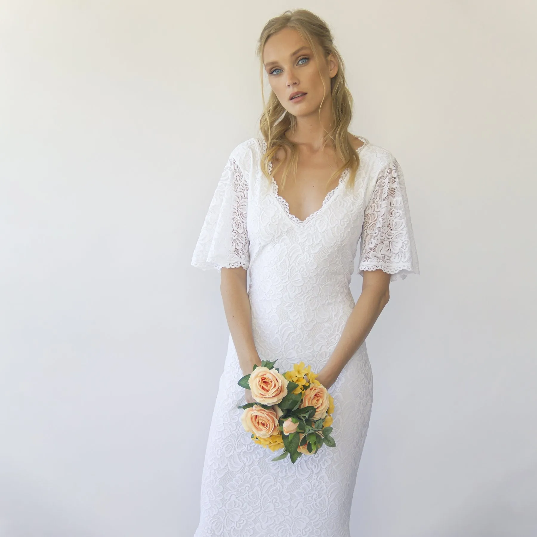 Sheath wedding dress, Bohemian butterfly Sleeves V neckline wedding dress #1294