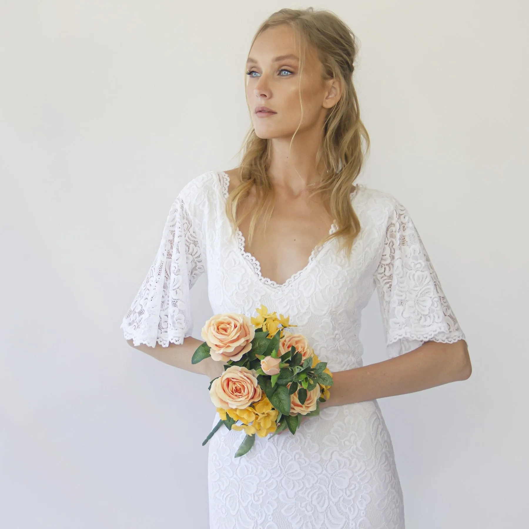 Sheath wedding dress, Bohemian butterfly Sleeves V neckline wedding dress #1294