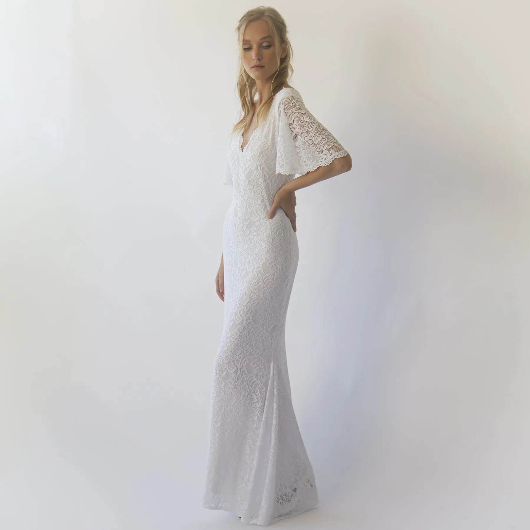 Sheath wedding dress, Bohemian butterfly Sleeves V neckline wedding dress #1294