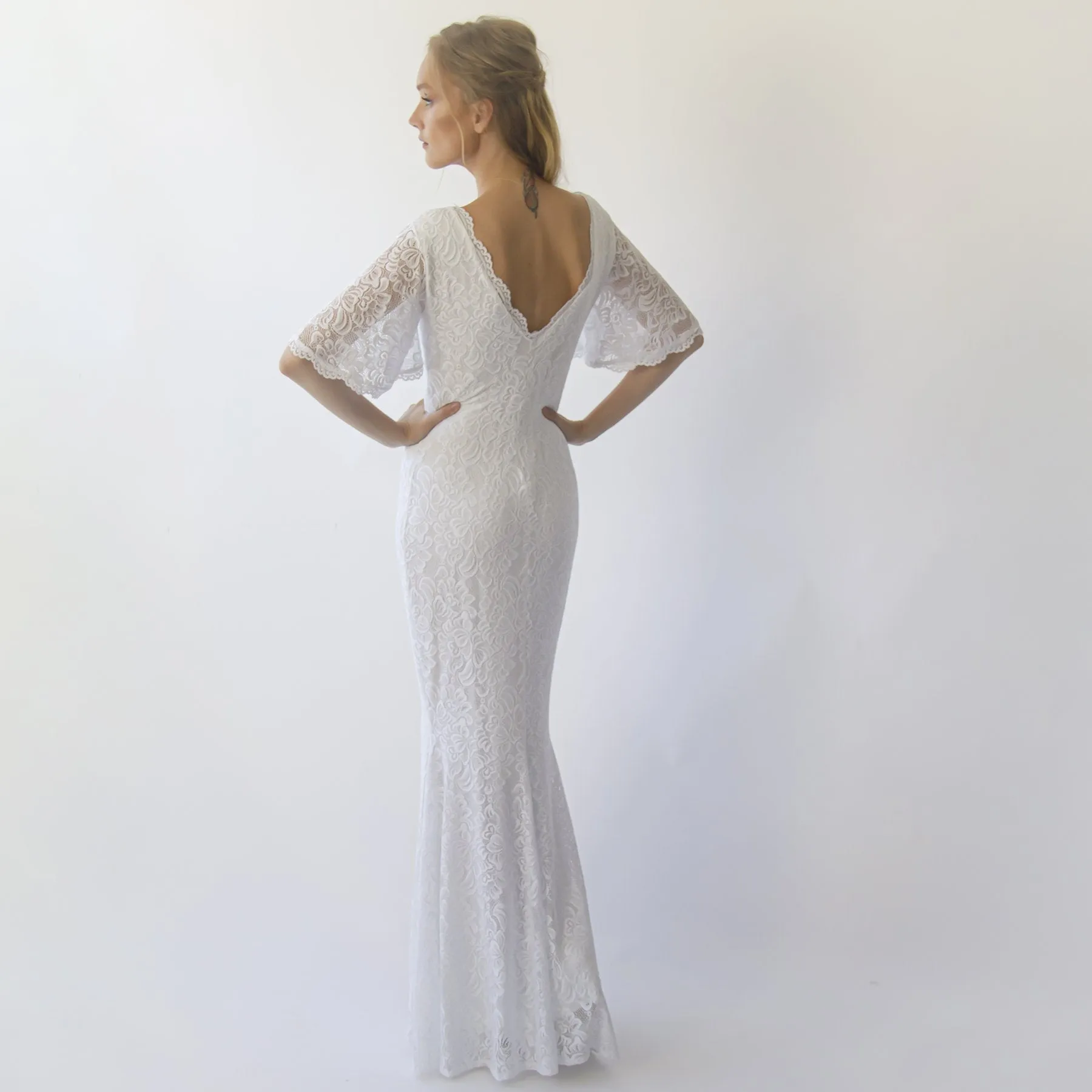 Sheath wedding dress, Bohemian butterfly Sleeves V neckline wedding dress #1294
