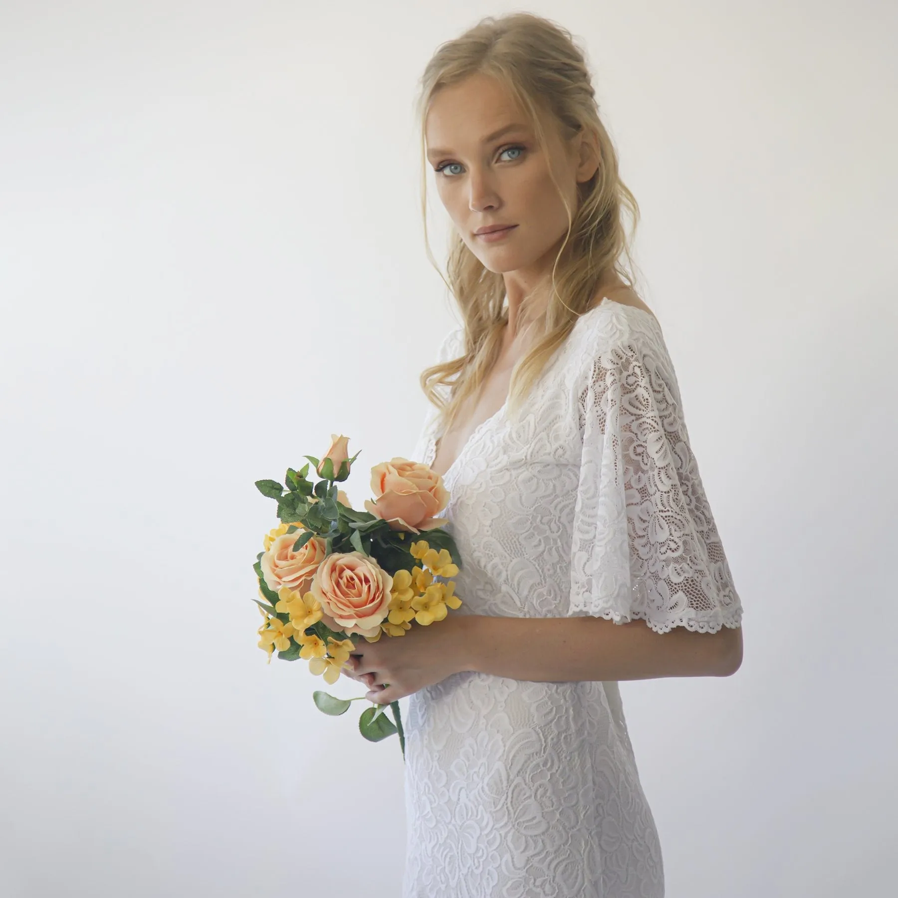 Sheath wedding dress, Bohemian butterfly Sleeves V neckline wedding dress #1294