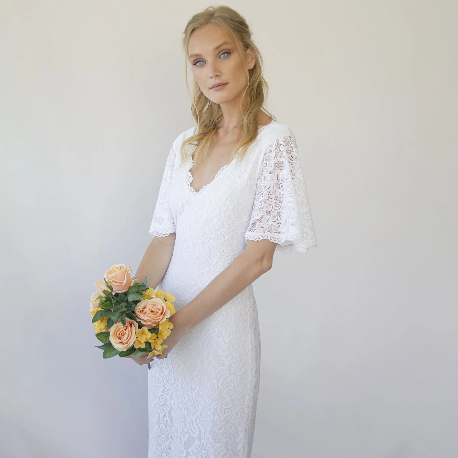 Sheath wedding dress, Bohemian butterfly Sleeves V neckline wedding dress #1294