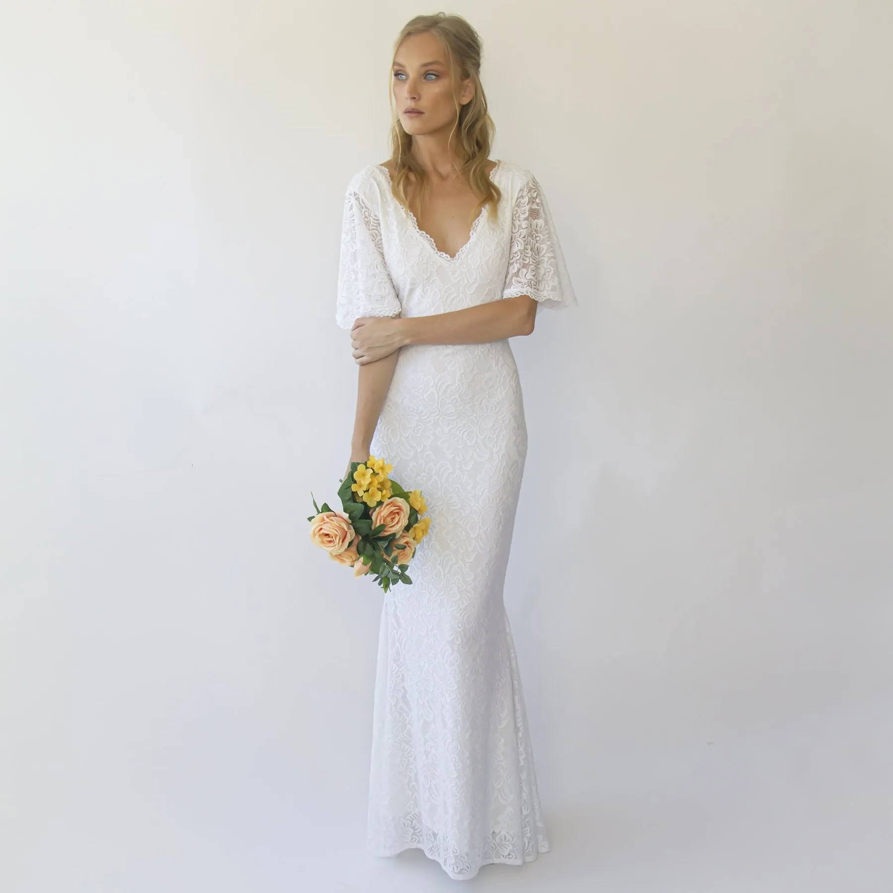 Sheath wedding dress, Bohemian butterfly Sleeves V neckline wedding dress #1294