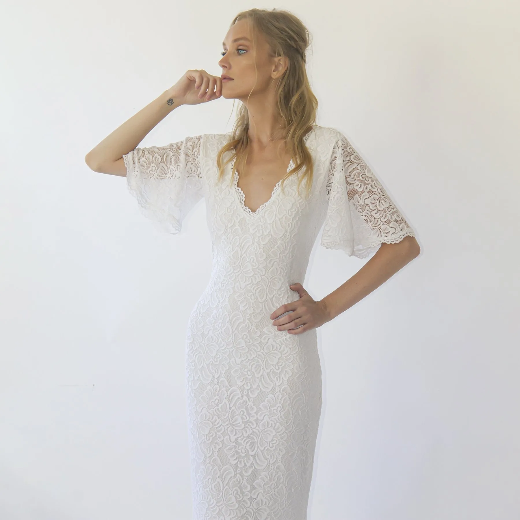 Sheath wedding dress, Bohemian butterfly Sleeves V neckline wedding dress #1294
