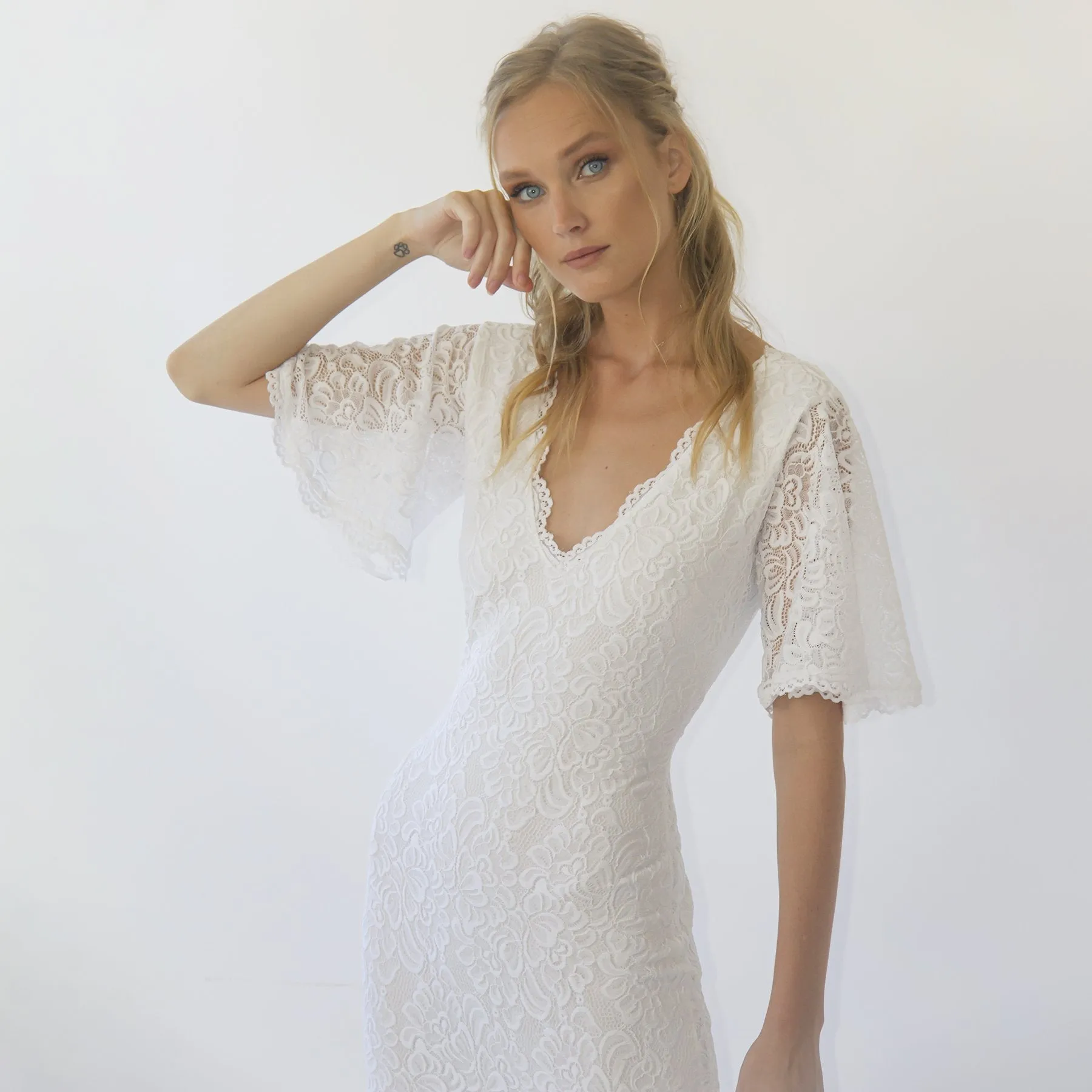 Sheath wedding dress, Bohemian butterfly Sleeves V neckline wedding dress #1294