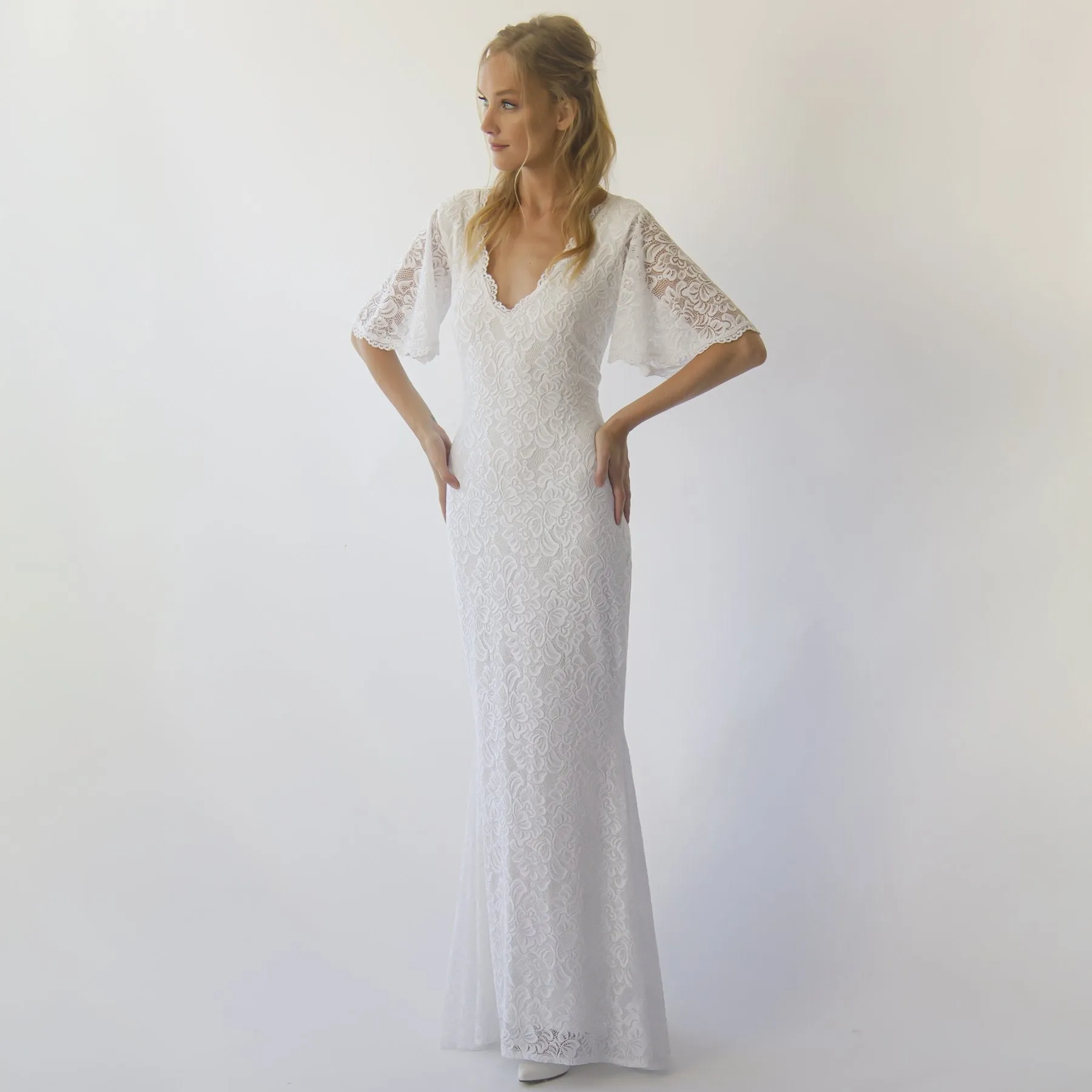 Sheath wedding dress, Bohemian butterfly Sleeves V neckline wedding dress #1294