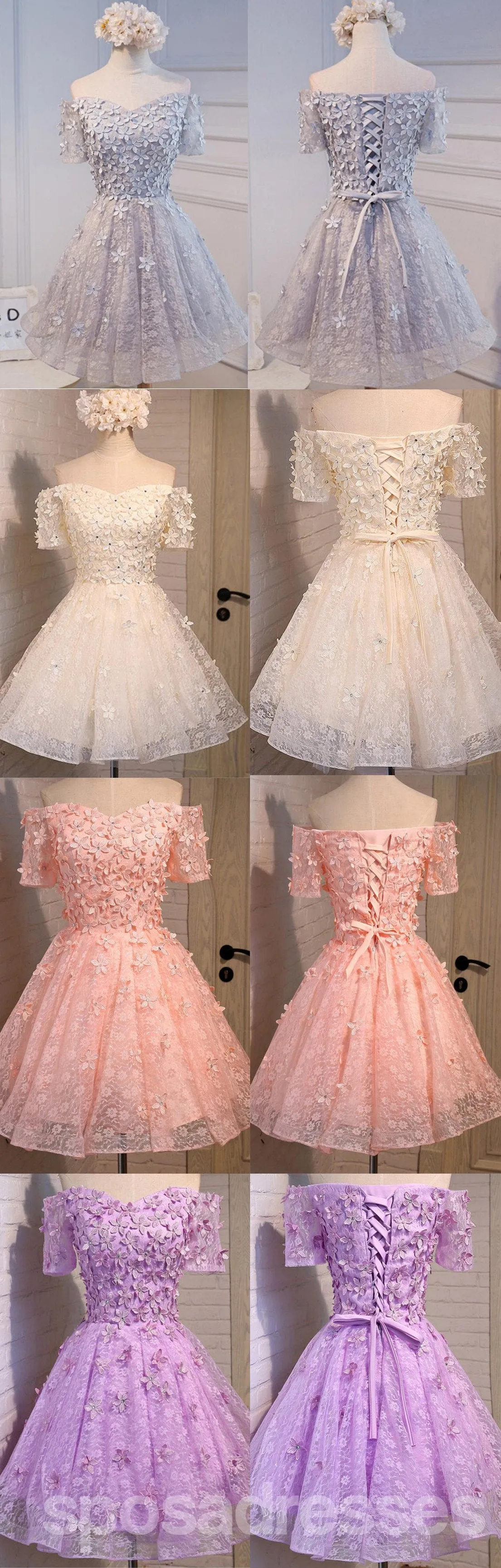 Short Sleeve Off Shoulder Gray Lace Homecoming Prom Dresses, Affordable Short Party Prom Dresses, Perfect Homecoming Dresses, CM279