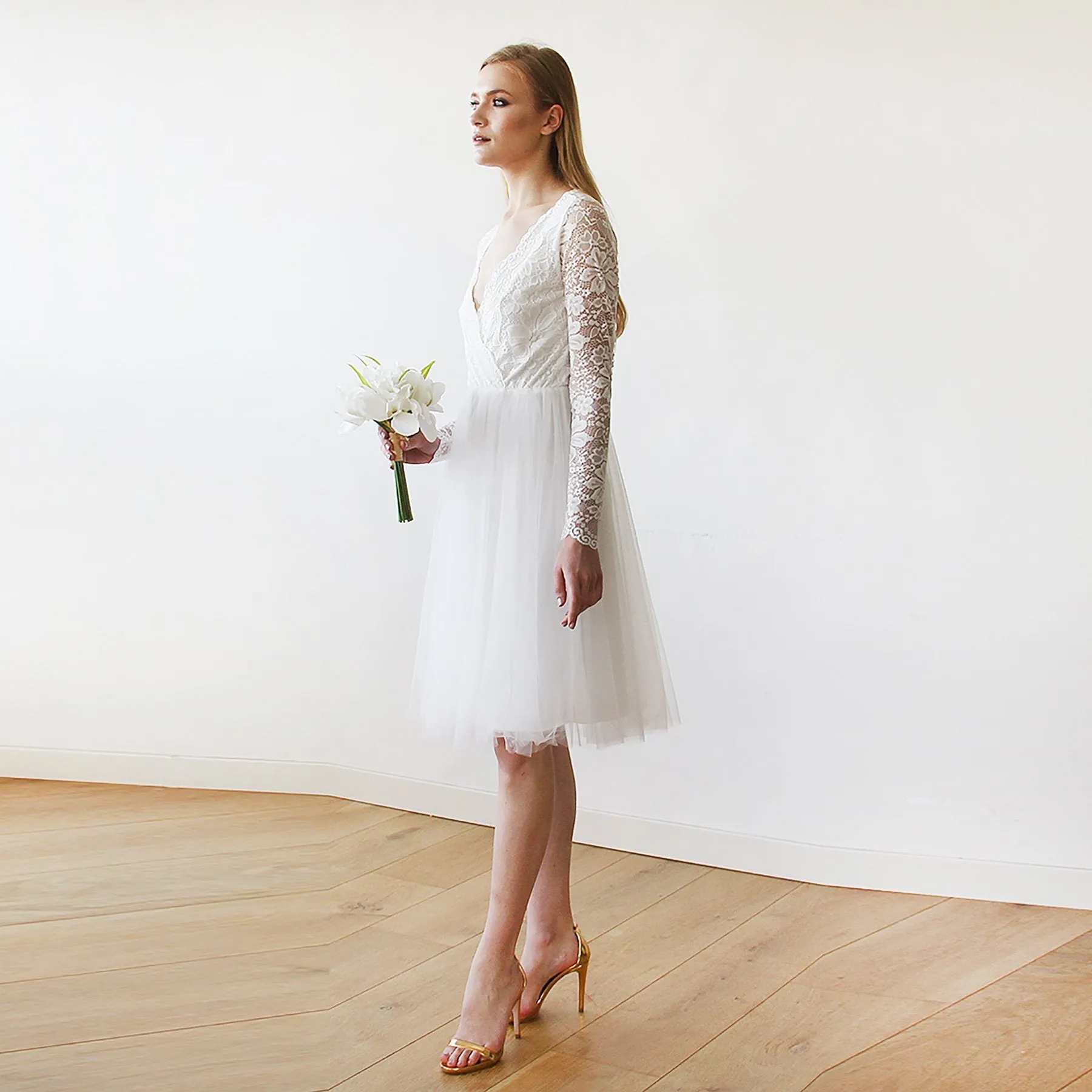 Short wedding dress ,Ivory Tulle & Lace Midi  Dress #1144