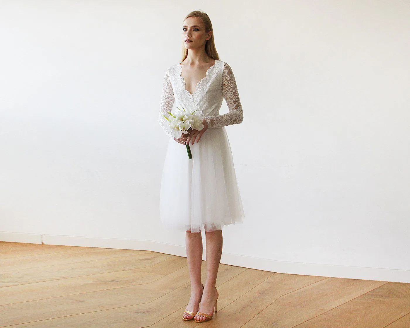 Short wedding dress ,Ivory Tulle & Lace Midi  Dress #1144