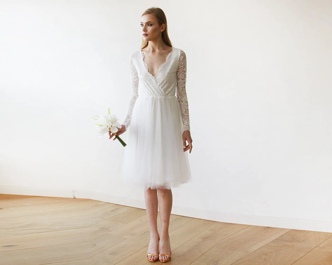 Short wedding dress ,Ivory Tulle & Lace Midi  Dress #1144