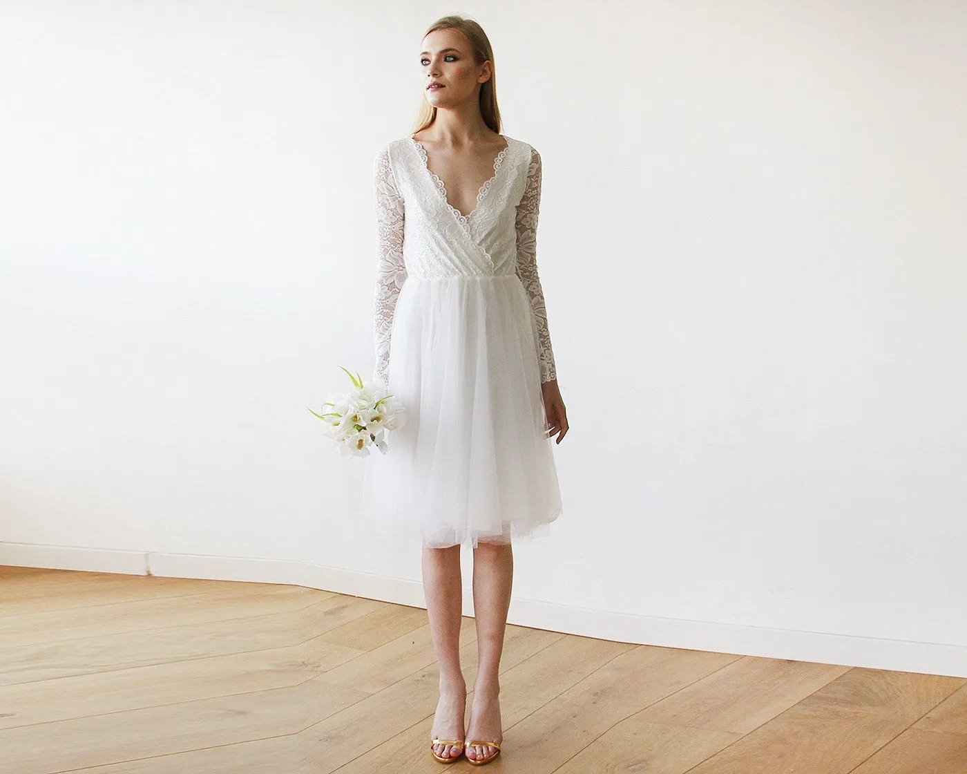 Short wedding dress ,Ivory Tulle & Lace Midi  Dress #1144