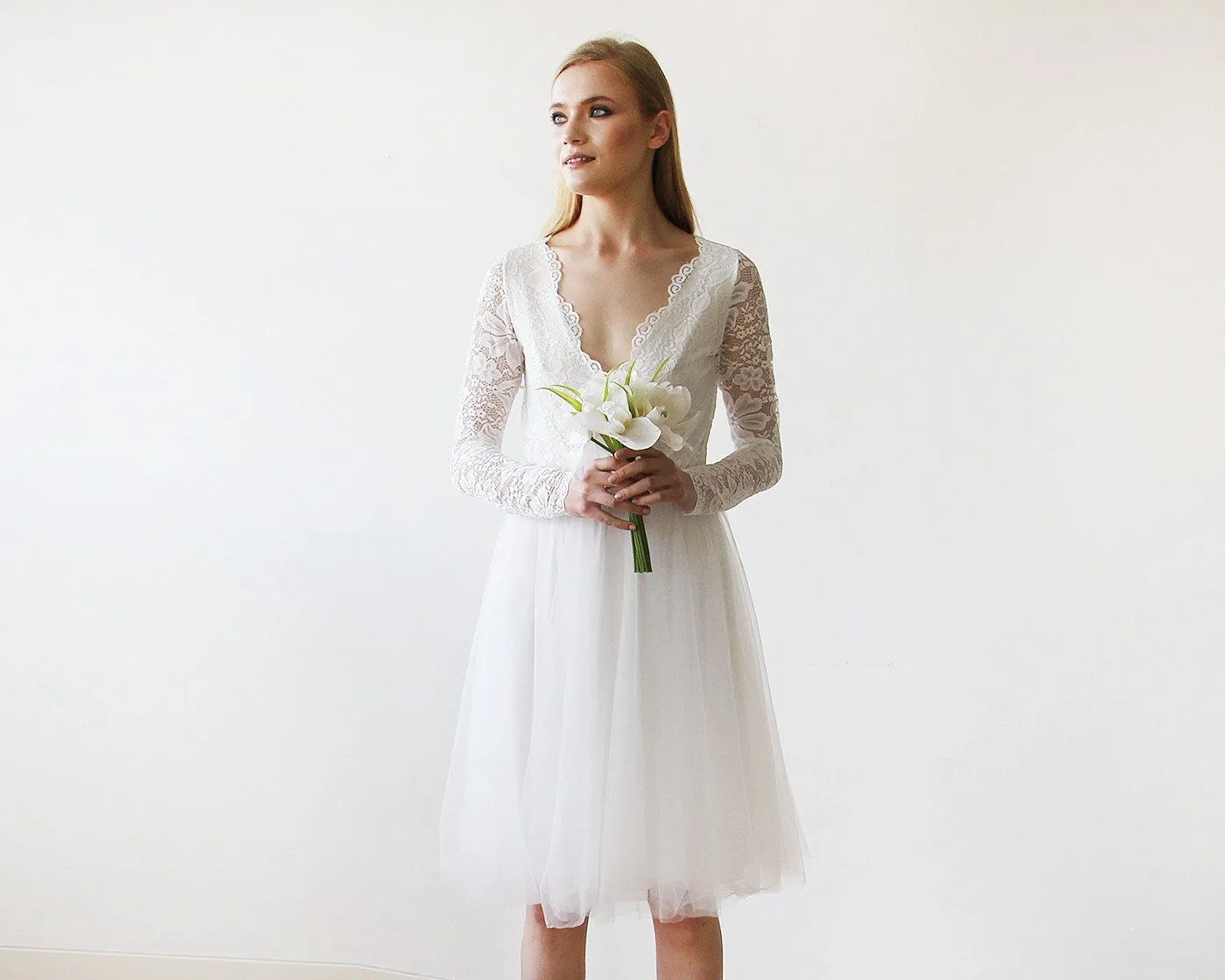 Short wedding dress ,Ivory Tulle & Lace Midi  Dress #1144