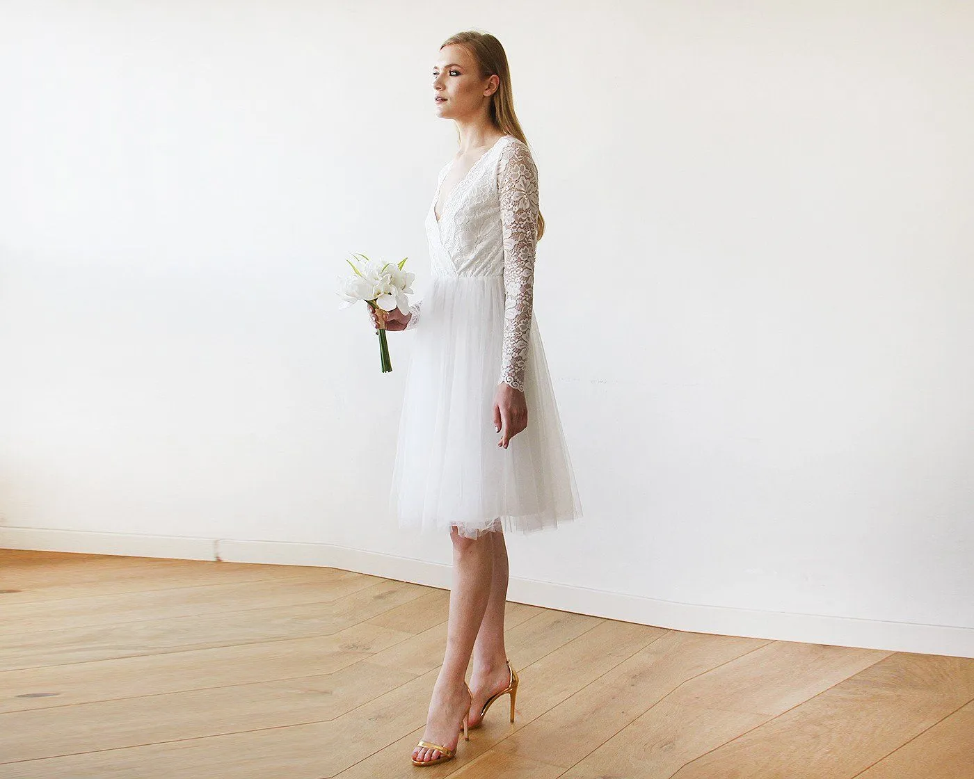Short wedding dress ,Ivory Tulle & Lace Midi  Dress #1144