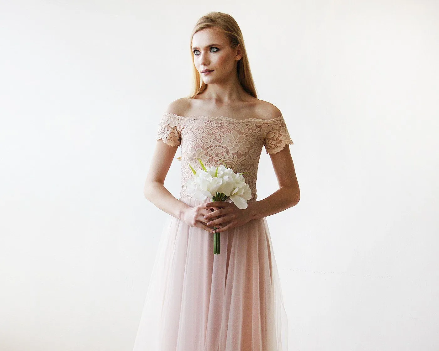 Short wedding dress ,Off-the-Shoulders Blush Pink Tulle & Lace Midi  Dress  #1153