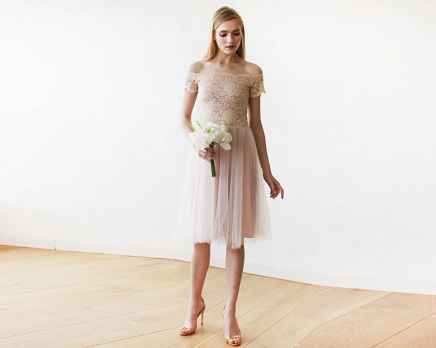 Short wedding dress ,Off-the-Shoulders Blush Pink Tulle & Lace Midi  Dress  #1153