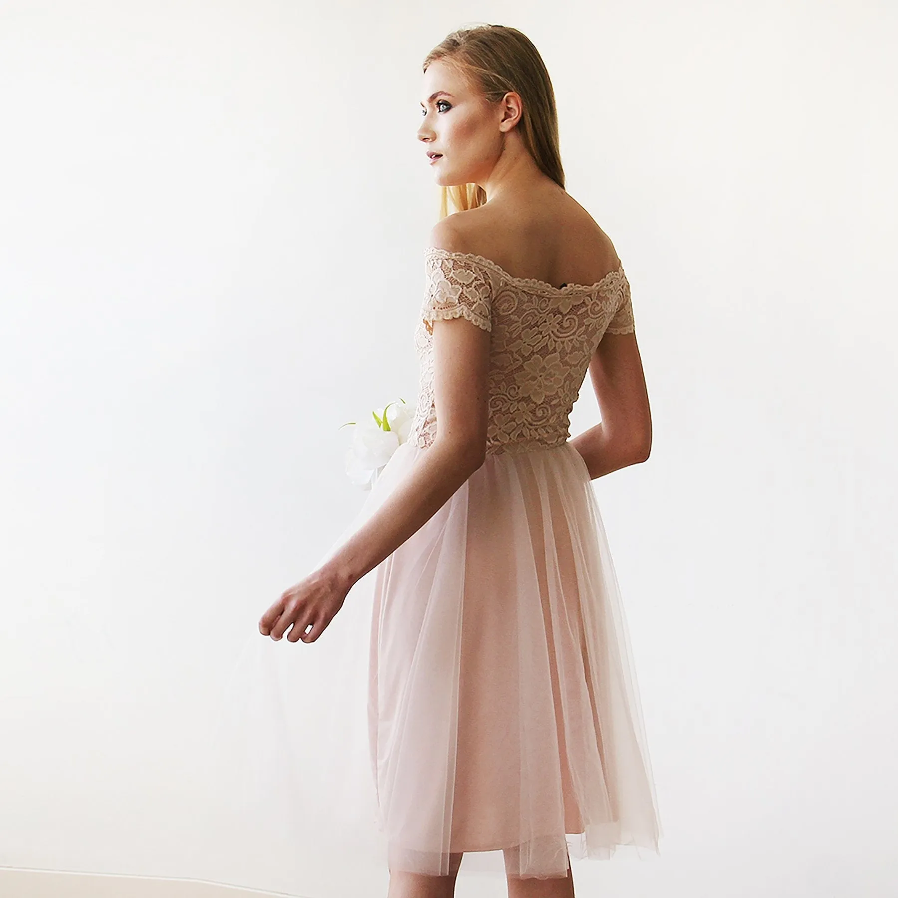 Short wedding dress ,Off-the-Shoulders Blush Pink Tulle & Lace Midi  Dress  #1153