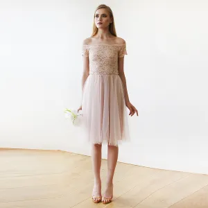 Short wedding dress ,Off-the-Shoulders Blush Pink Tulle & Lace Midi  Dress  #1153