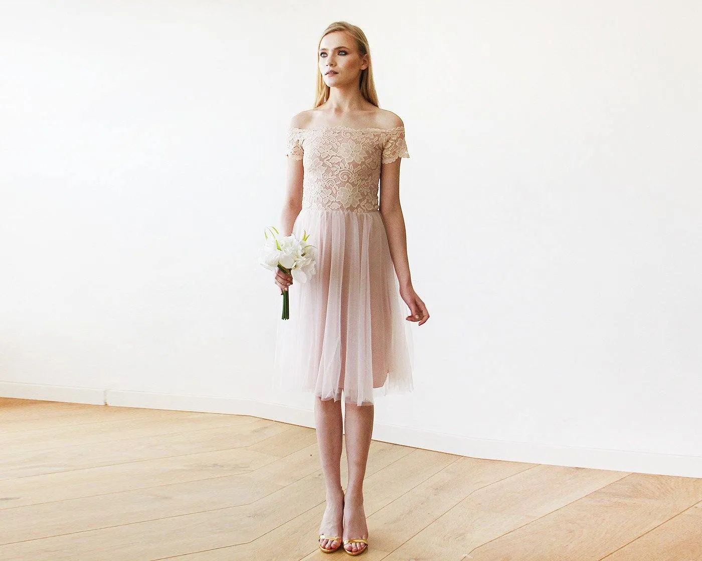 Short wedding dress ,Off-the-Shoulders Blush Pink Tulle & Lace Midi  Dress  #1153
