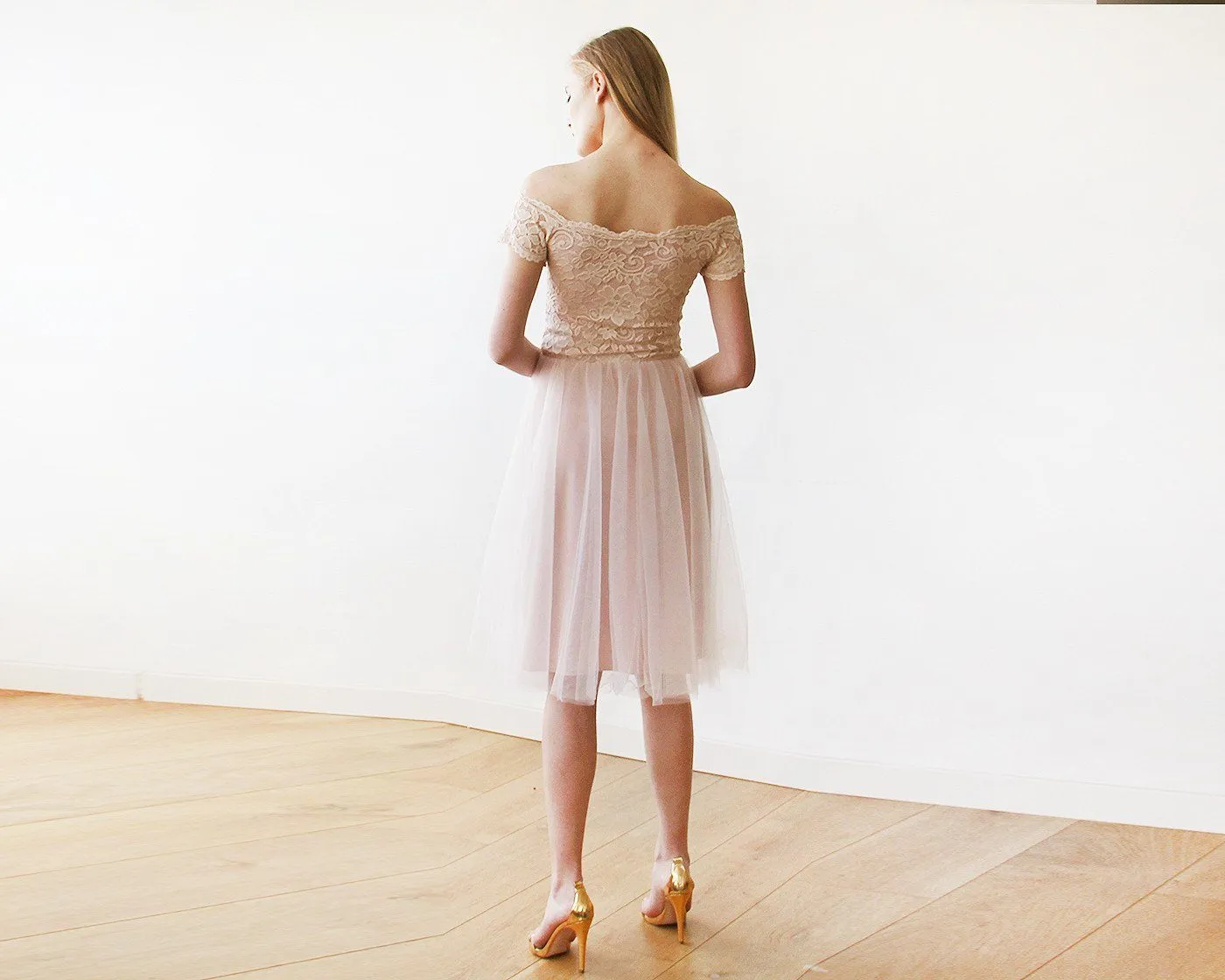 Short wedding dress ,Off-the-Shoulders Blush Pink Tulle & Lace Midi  Dress  #1153