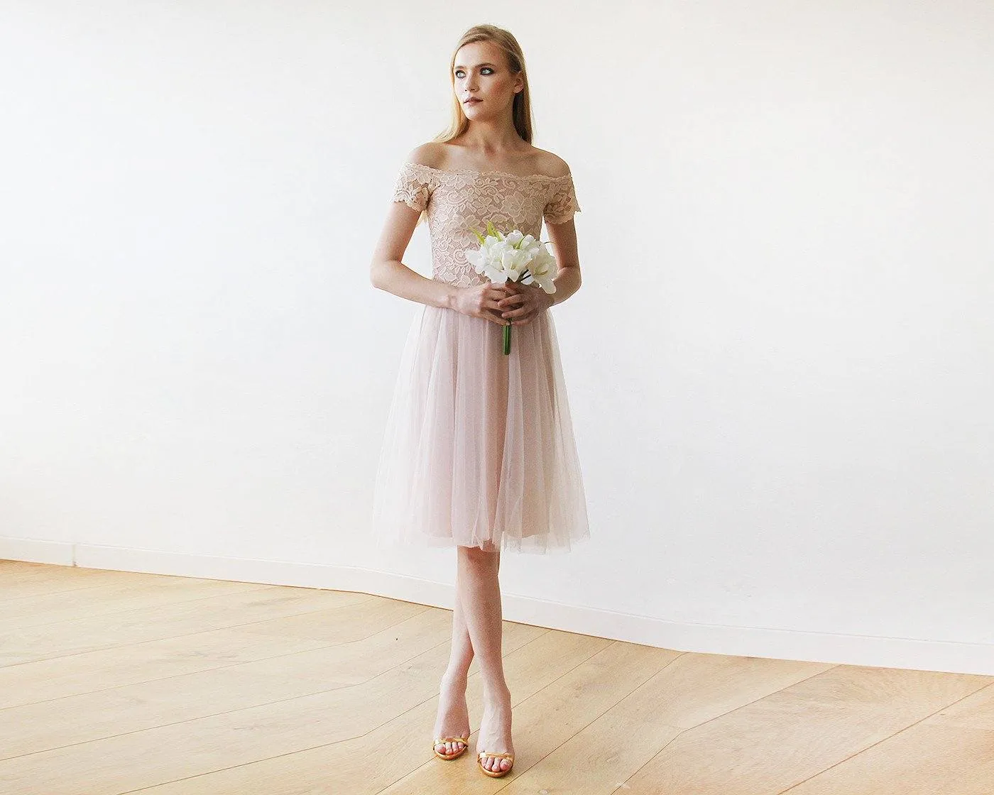 Short wedding dress ,Off-the-Shoulders Blush Pink Tulle & Lace Midi  Dress  #1153
