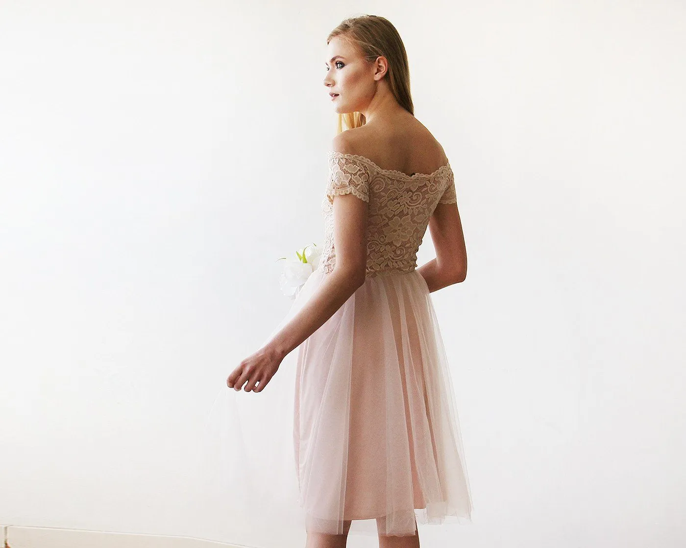 Short wedding dress ,Off-the-Shoulders Blush Pink Tulle & Lace Midi  Dress  #1153