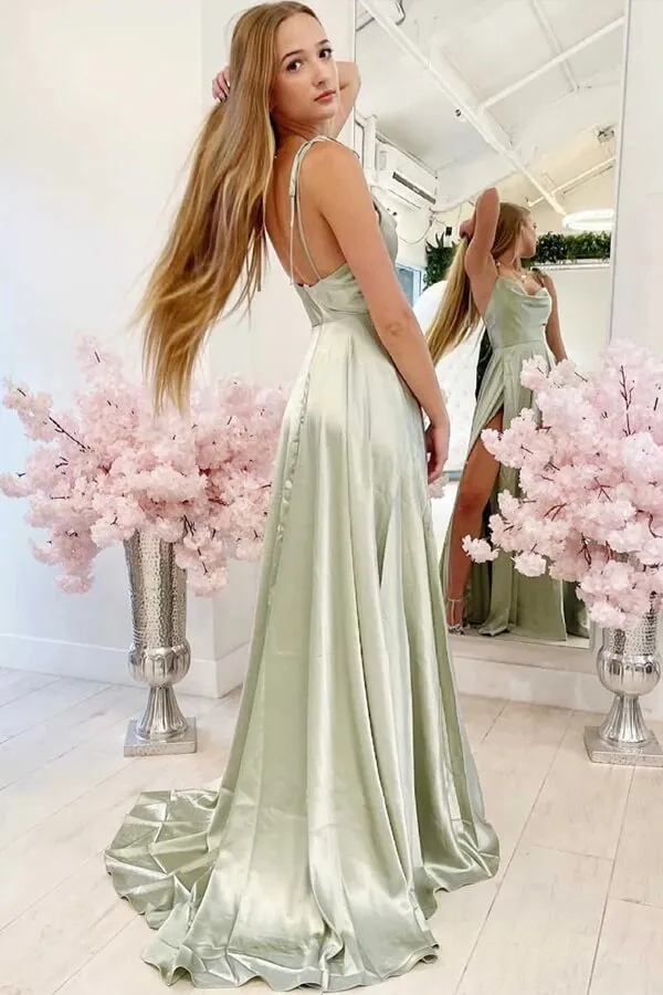 Simple Sage Green A-line Cowl Neck Prom Dresses with Slit, Evening Dress, SP813