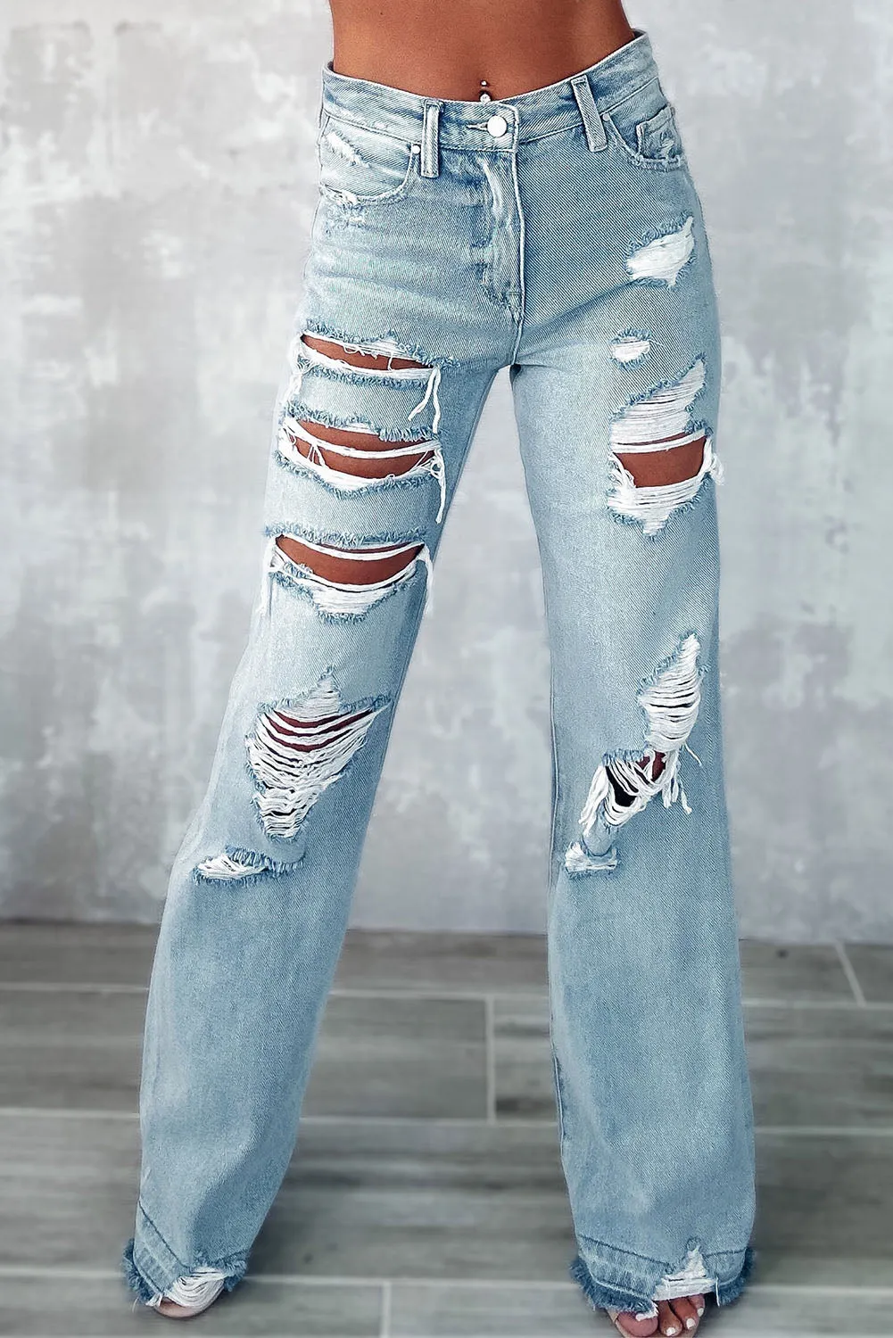 Sky Blue Vintage Distressed Raw Hem Jeans