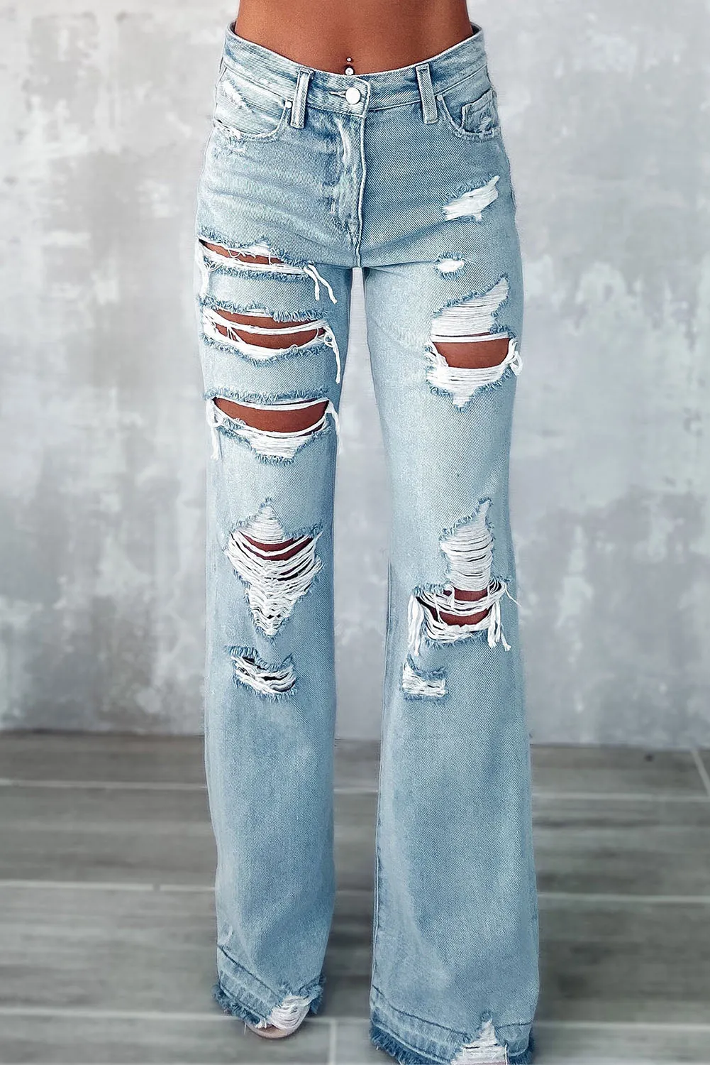 Sky Blue Vintage Distressed Raw Hem Jeans