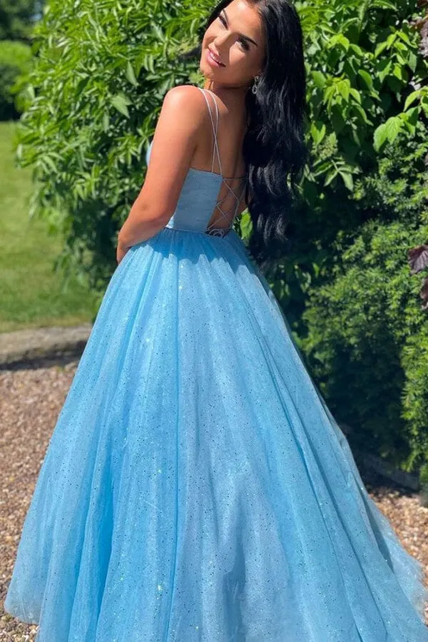 Sparkly Blue A line V-neck Lace up Long Prom Dresses, Evening Gown, SP752