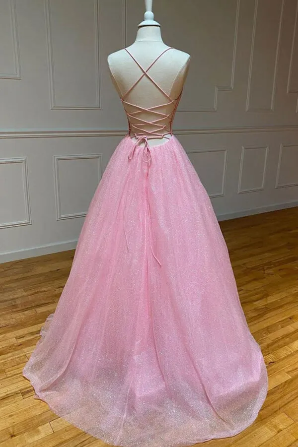 Sparkly Blue Tulle A-line Spaghetti Straps Prom Dresses, Evening Gown, SP741