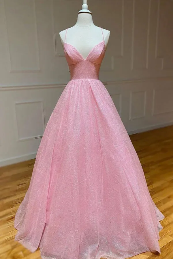 Sparkly Blue Tulle A-line Spaghetti Straps Prom Dresses, Evening Gown, SP741