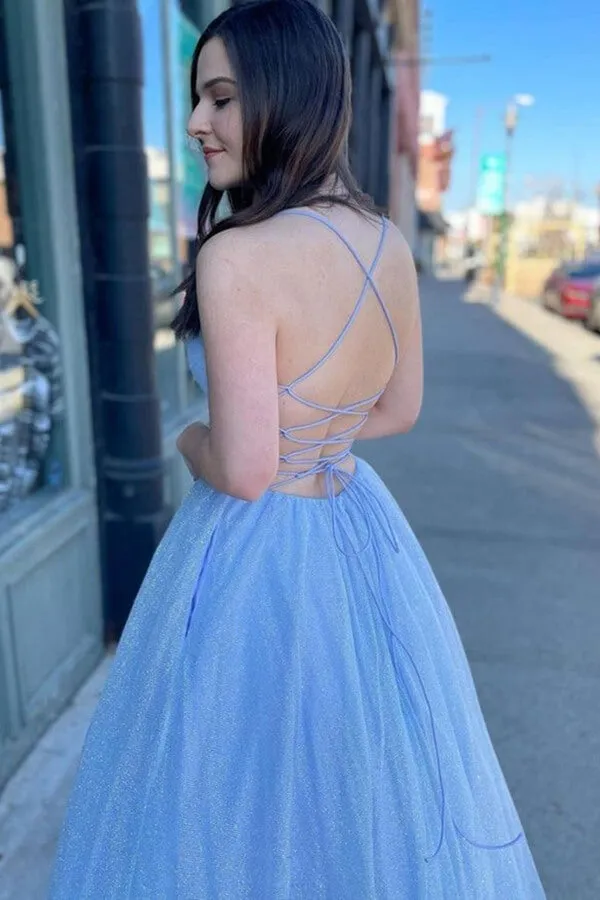 Sparkly Blue Tulle A-line Spaghetti Straps Prom Dresses, Evening Gown, SP741