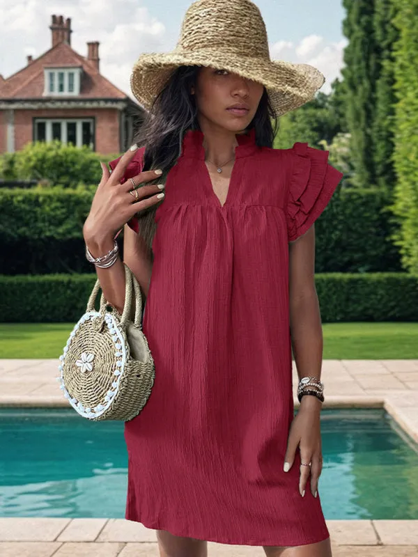 Stand Collar Mini Dress with Ruffled Sleeves