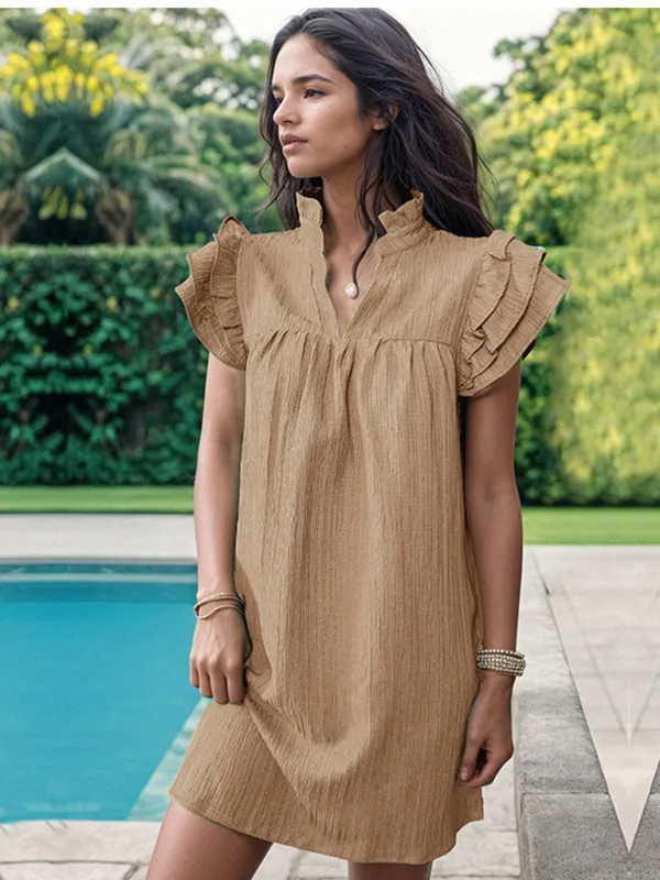 Stand Collar Mini Dress with Ruffled Sleeves