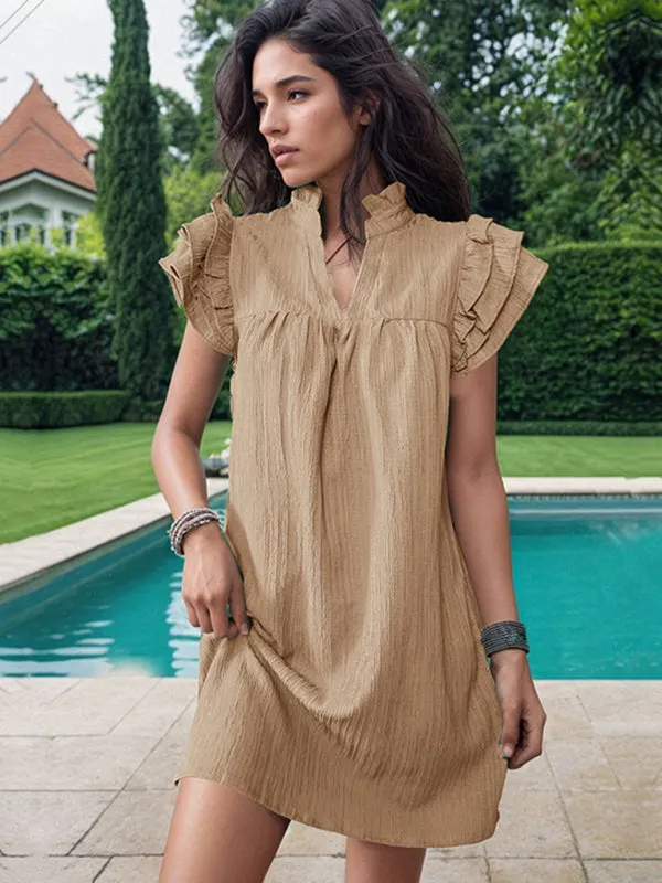 Stand Collar Mini Dress with Ruffled Sleeves