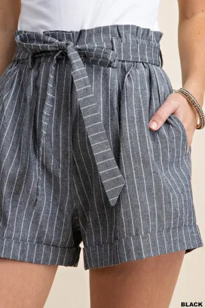 Striped Paperbag Shorts - Black