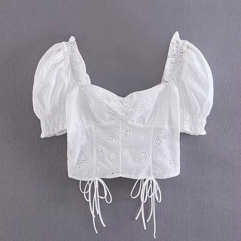 Summer Women's New French Court Style Shirt Women's Retro Hollow Embroidery Short Lace Top