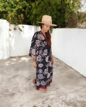 Sundance Revival Dress - black with pale grey flowers and red trims