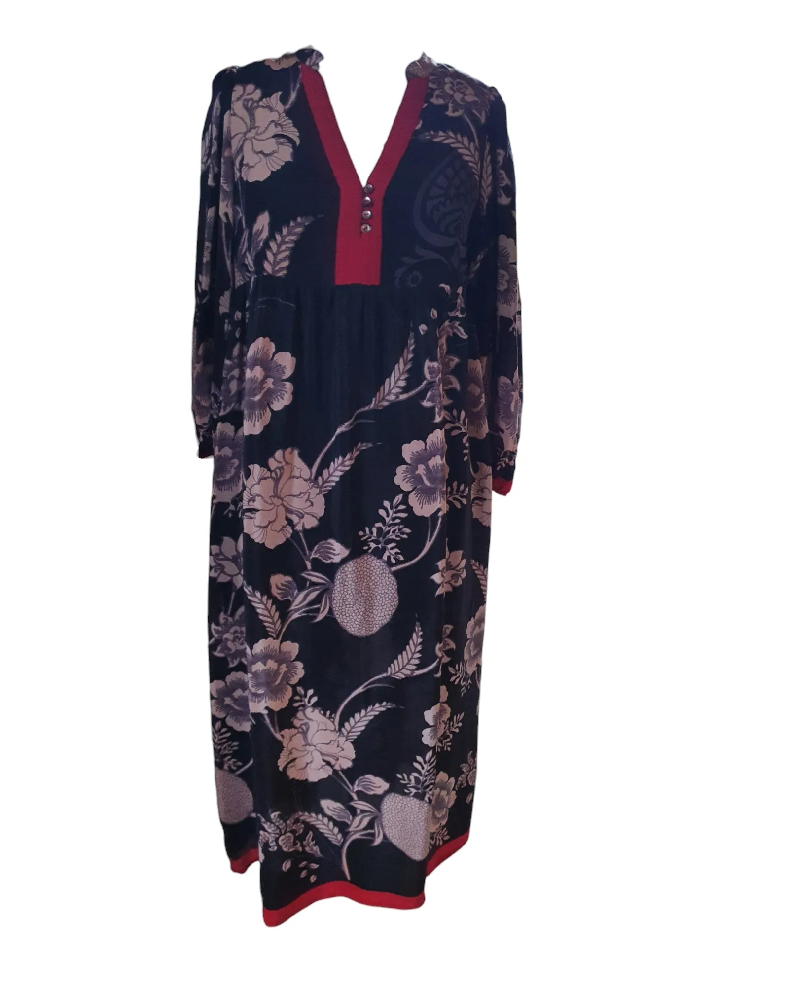 Sundance Revival Dress - black with pale grey flowers and red trims