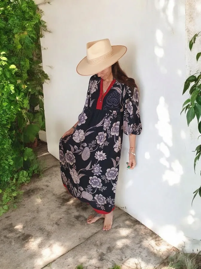 Sundance Revival Dress - black with pale grey flowers and red trims